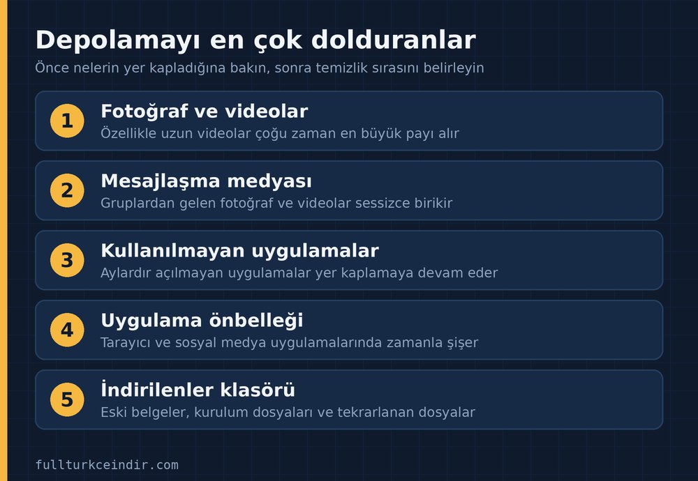 Android depolamasını en çok dolduran beş kalem: fotoğraf ve video, mesajlaşma medyası, uygulamalar, önbellek ve indirilenler