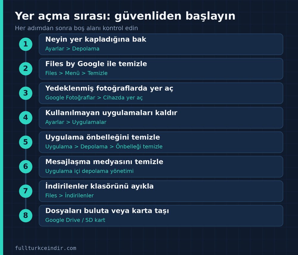 Android'de yer açmak için güvenliden başlayan sekiz adımlık sıra