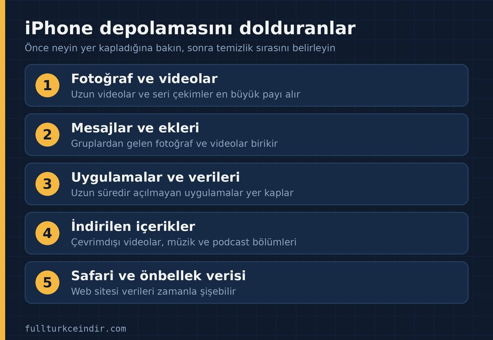 iPhone depolamasını dolduran beş kalem: fotoğraf ve video, mesajlar, uygulamalar, indirilenler ve Safari verisi