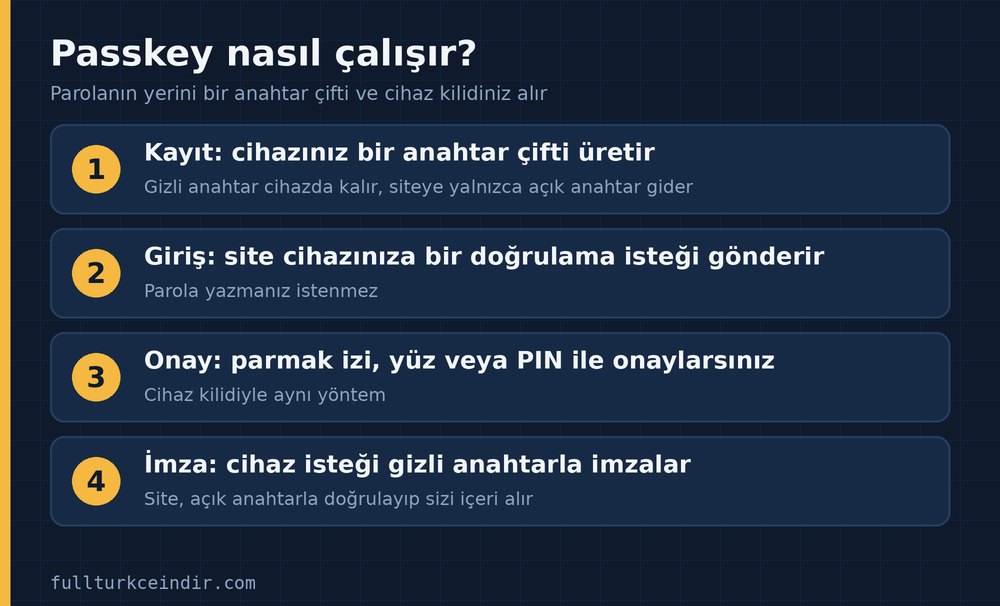 Passkey'in kayıt, giriş, onay ve imza adımlarını gösteren dört adımlı çalışma şeması