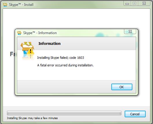 Skype Kod 1603 Hatası